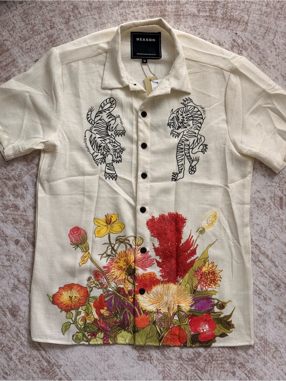 Reason Cream Short-Sleeve Button-Down Shirt with Floral & Tiger Motifs